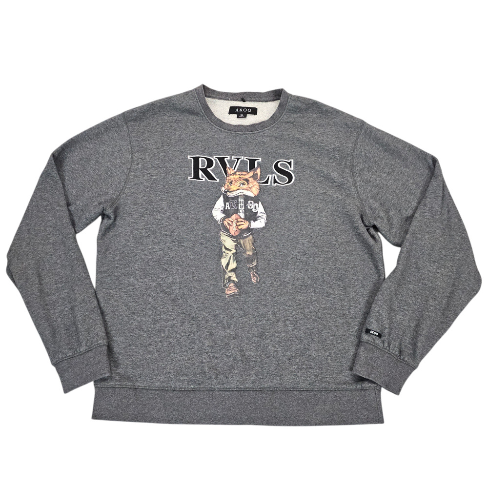 Akoo Sweatshirt Mens XL Gray RVLS Fox Football Graphic Crewneck Pullover Fleece